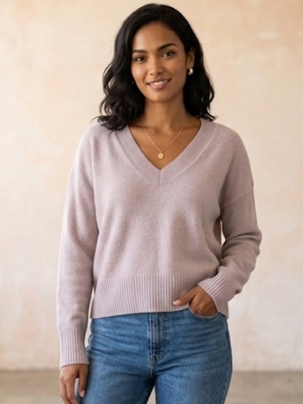 Nakedcashmere Dusty Purple Deep V Neck Boxy Cashmere Sweater Small